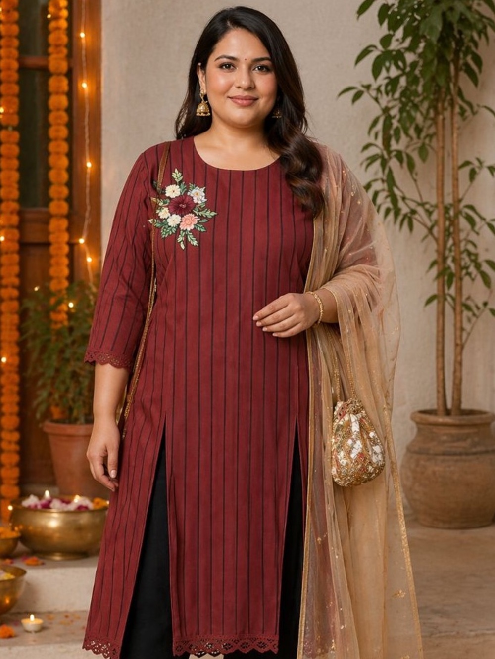 Maroon Floral Embroidered Kurti Women's XXL Indo Western Ethnic Tunic